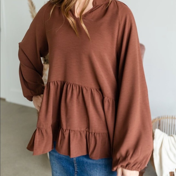 entro Tops - V-Neck Balloon Sleeved Tiered Shirt